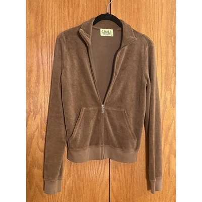 VTG Juicy Couture Track Jacket Wm Large L Y2K 00s Terry Brown Zip Up Green Label - Image 1 of 4