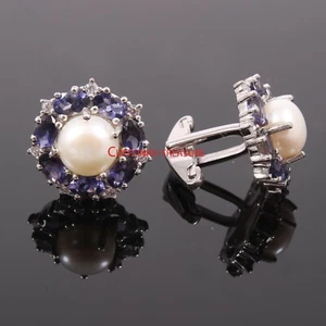 Natural Pearl & Iolite Gemstones with 925 Sterling Silver Cufflinks For Men's #4 - Picture 1 of 3