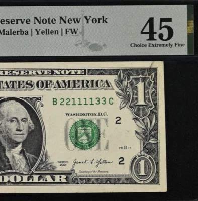 2021 $1 Federal Reserve Note - PMG 45 - Fancy Serial Number - 22111133 - Image 1 of 3