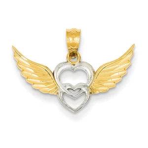 14k Yellow Gold & Rhodium Heart with Wings Pendant YC790 - Picture 1 of 1