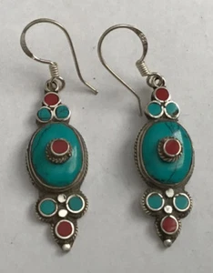 Hand Craved, Nepal, Sterling Silver Turquoise Coral Earrings, ER-104, Brand New - Picture 1 of 1