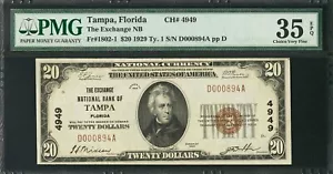 1929 Tampa FL $20 PMG 35VF EPQ The Exchange National Bank CH#4949 SN D000894A - Picture 1 of 3