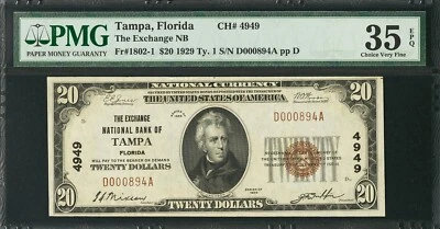 1929 Tampa FL $20 PMG 35VF EPQ The Exchange National Bank CH#4949 SN D000894A - Image 1 of 3