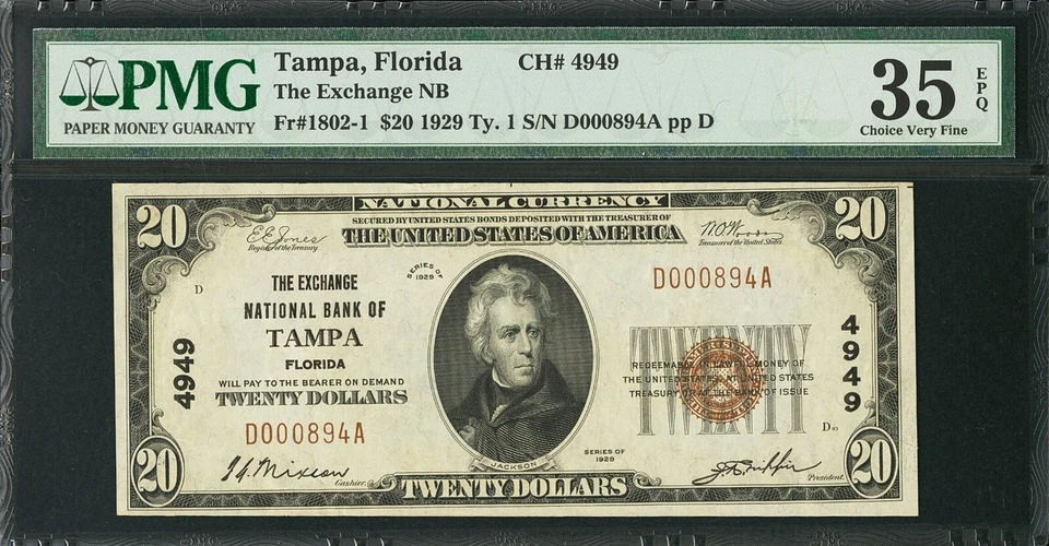 Tampa FL 1929 $20 PMG 35VF EPQ The Exchange National Bank CH#4949 SN D000894A Foto 1 de 3