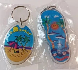 2 Bahamas Sandal Dolphin Oval Beach Lucite Plastic Keychains - Picture 1 of 6