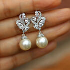 Women Jewelry Elegant White Pearl Wedding Earring 925 Silver Filled Drop Earring