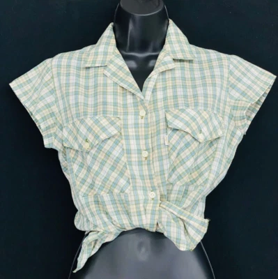 Blusa a cuadros Levi's verde vintage años 70, camisa de algodón manga corta crop top XS S Foto 1 de 4