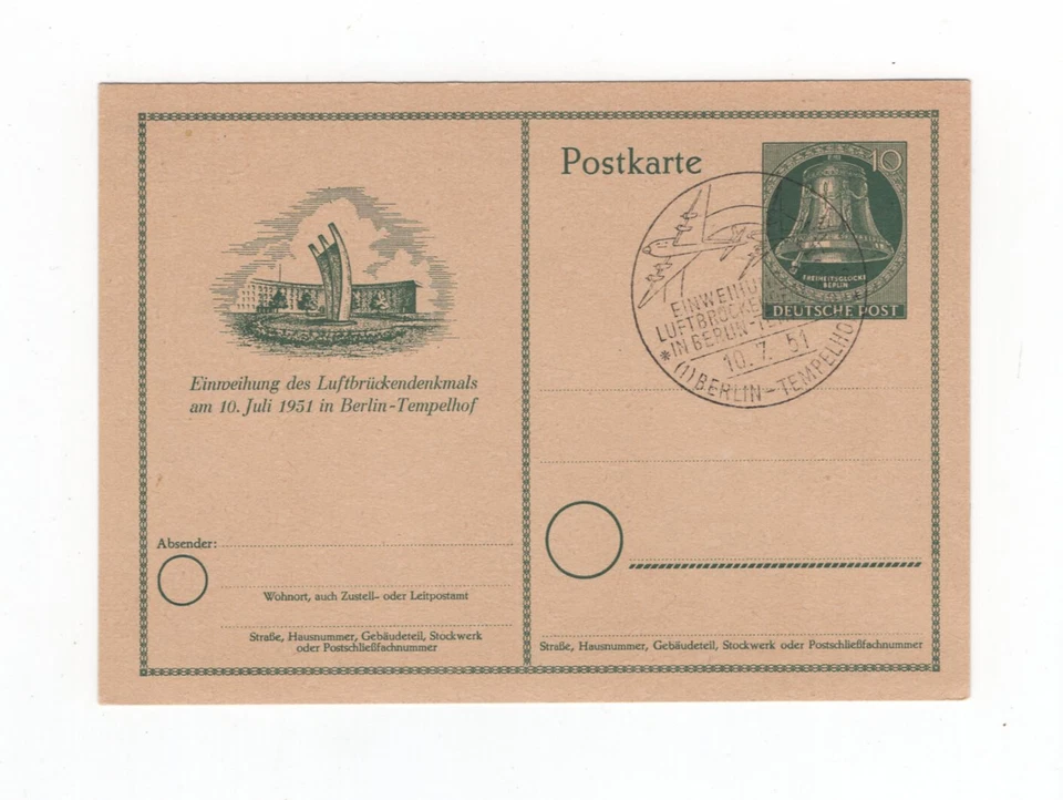 1951 Berlin 10 Pfg bell postal stationery card airbridge monument used P25 - Image 1 of 1