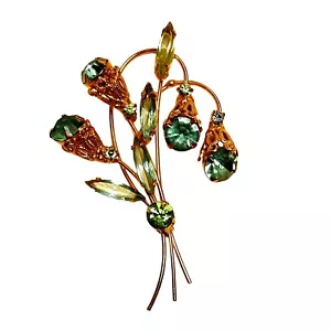 Broche floral vintage tono dorado pedrería aguamarina y detalles de esmalte - Imagen 1 de 7