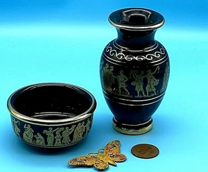 Vintage Small Black 24k Gold Hand Made in Greece Small Vase And Bowl - Picture 1 of 12