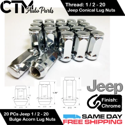 20 JEEP CROMO 1/2-20 TUERCA DE RUEDA ABULTAMIENTO BELLOTA ASIENTO CÓNICO AJUSTE JEEP WRANGLER Foto 1 de 2