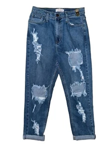 Vibrant MIU NEW Sexy Mom Zip Jeans Women 9 Blue Distressed 28x29 Cuff Denim USA - Picture 1 of 4