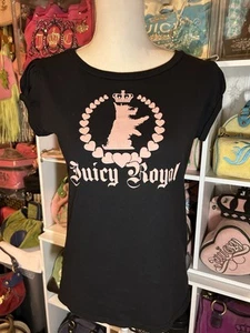 RARE Y2K VINTAGE Juicy Couture Black Graphic Tee Pink JUICY ROYAL Size Large - Picture 1 of 9