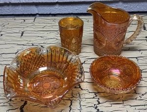 4 VTG Marigold Carnival Glass Mixed Lot Pitcher Cup Bowl Stars Diamonds Antique - Picture 1 of 20