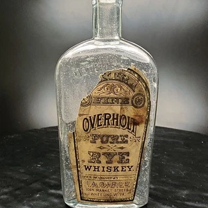 Vintage Old Overholt Rye Whiskey Bottle Flask 1 Pint Embossed Wheeling WVA - Picture 1 of 6