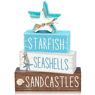 Letrero de bloque de madera costero estrella de mar decoración mesa Navidad playa 4 piezas... Foto 1 de 4