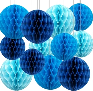 Palline a nido d'ape di carta blu, confezione da 12 pom in tessuto da appendere per compleanni,matrimonio - Foto 1 di 12