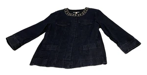JM Collection Dark Denim Jacket Womens 6 Embellished Jewel Neckline Jean Jacket - Picture 1 of 13
