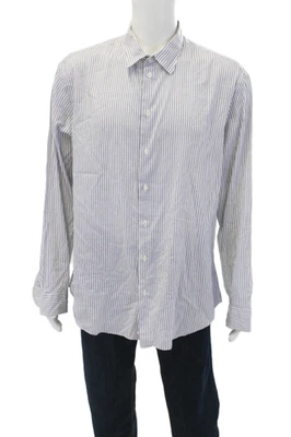 Camisa a Rayas Armani Collezioni Para Hombres Botón Delantero Cuello Blanco Azul Talla 2XL Foto 1 de 4