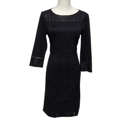 Hale Bob Dress Womens Small Black Faux Suede Sheath 3/4 Sleeve Fitted Zip Back - Image 1 of 4