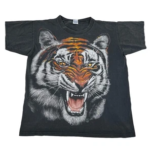 Vintage 90s Single Stitch Tiger Big Face Graphic T Shirt Roar Black Size Large - Picture 1 of 11