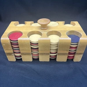 Vintage MCM Poker Chip Set & Holz Caddy - Holzspäne Mid Century Modern - Bild 1 von 6