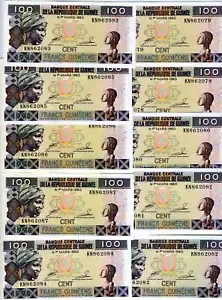 LOTE, Guinea 10 x 100 francos 1998, P-35 UNC reemplazado por la nota de tamaño reducido - Imagen 1 de 1