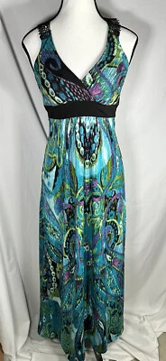 RUBY ROX MultiColor Paisley Maxi WOMENS DRESS SIZE SMALL Sleeveless Lace V-neck - Image 1 of 4