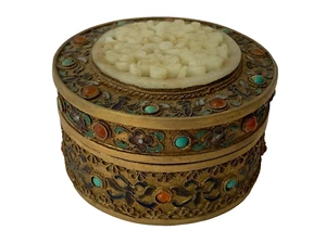 Antique Oriental Jeweled Enameled Gilt Silver Trinket Box W/ Carved Jade - Picture 1 of 6