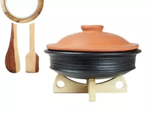 Terracotta Earthen Clay Pot Pottery Kadai Wok for Cooking Serving 1 L Black - Picture 1 of 3