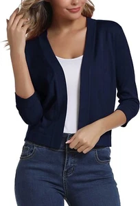 Urban CoCo Women's 3/4 Sleeve Cropped Cardigan Sweater Shrugs (S) Navy Blue - Picture 1 of 7