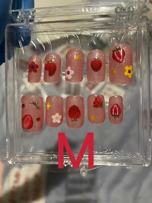 tips per unghie finte/rosso chiaro/fragola/fiori/luccicante/carina/corta/nailart - Immagine 1 di 3