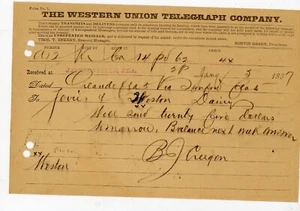 1887 Western Union Telegraph Sanford Orland Florida firmato BJ Creegan antico - Foto 1 di 2
