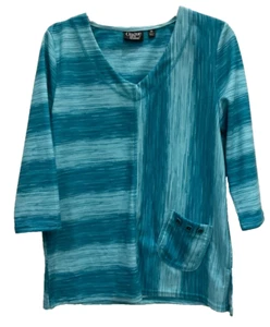 Onque Casual Pullover Blouse Size M Blue Shades Front Pocket V-Neck 130 - Picture 1 of 10