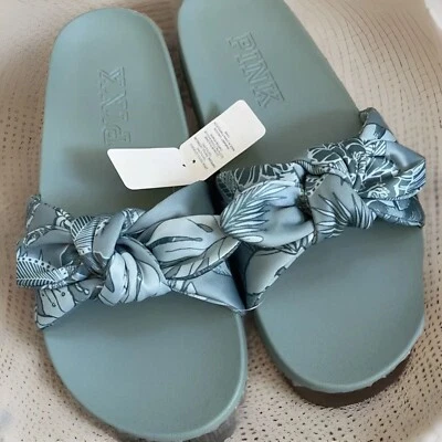 Victoria's Secret розовый зеленый атласный бант горки тропический цветочный сандалии большой 9-10 - Изображение 1 из 2