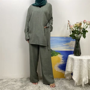 Muslim Women Sets Long Sleeve Blouse Top Wide Leg Pants Ramadan Outfits Suit New - Picture 1 of 29