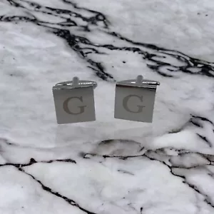 Dual Monocle Cufflinks Square Silver Chrome Shiny Monogram Engraved Letter G - Picture 1 of 7