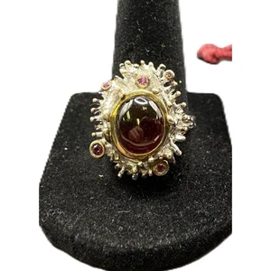 Red Ruby Stone Cocktail Ring Gold Layered 925 Sterling Silver With Pouch Sz 7.5 - Picture 1 of 19