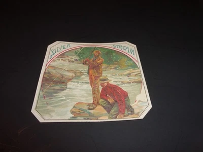 ETIQUETA EXTERIOR DE CIGARRO DE MUESTRA SILVER STREAM DE COLECCIÓN AÑOS 1880, LITOGRAFÍA HARRIS, PESCA PARA HOMBRES Foto 1 de 2