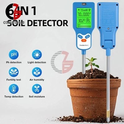 6-in-1 Digital PH Tester Sunlight Soil Moisture Meter Detector Plant Garden ℃℉ - Image 1 of 4