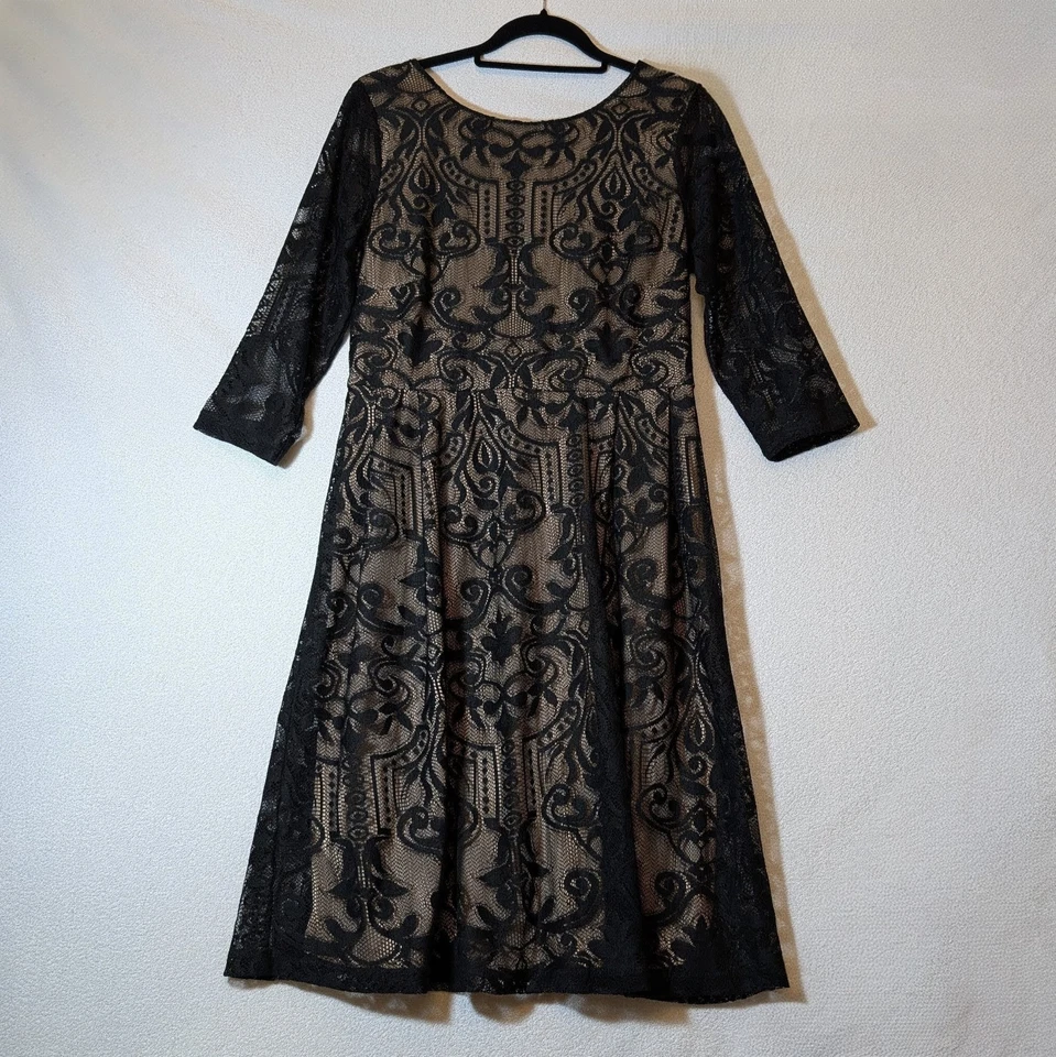 Vestido de renda preto feminino W by BHS novo com etiquetas com forro nude e zíper, Reino Unido tamanho 16 - Imagem 1 de 4