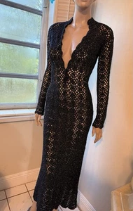 Vintage 60’s Sexy Black Silver Crochet Maxi Dress Low Cut Gr. M - Bild 1 von 9
