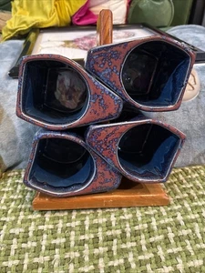 Rudolfo Padilla blau & hellbraun Kaffeetassen 4er Set Tropfglasur Keramik mit Ständer - Bild 1 von 3