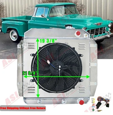 4 Core Radiator+Shroud+Fan For 1955-1959 1957 Chevy 3100 3500 Pickup LS Engine - Изображение 1 из 4