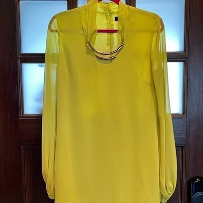 Bright bold lemon yellow tunic dress-metallic Art Deco neckline size small - Image 1 of 4
