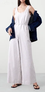 NWT! Banana Republic Women RT$140 Beige Flax Linen-Blend Wide-Leg Jumpsuit Large - Picture 1 of 3
