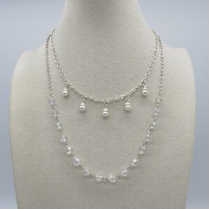 AB Bead Faux Pearl Charm Necklace 16"to19" Double Strands Layered Silver Tone