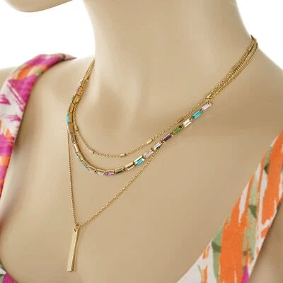 COLLAR NINE WEST Para Mujer Tono Dorado CADENAS Y BAGUETTE Imitación CRISTALES En Capas Foto 1 de 4