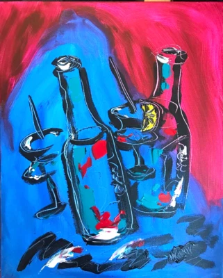 M.Kazav WINE DRINKS PINTURA MODERNA TELA ÓLEO ORIGINAL N/R - Imagem 1 de 4