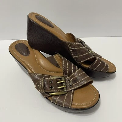 Fossil Womens Wedge Sandals Sz 5.5 Brown Leather Cross Strap Buckle - Image 1 of 4